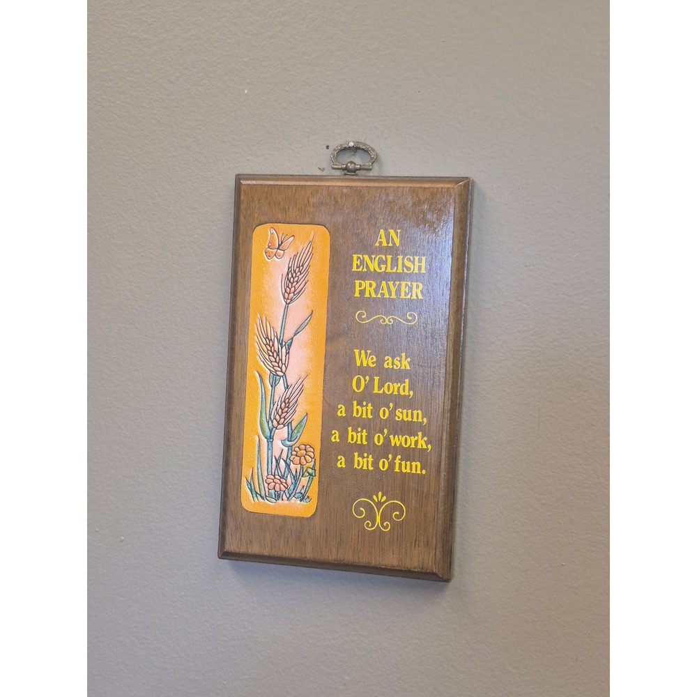 Wallace Berrie Vintage 1978 English Prayer Wood Wall Plaque Embossed Leather Art
